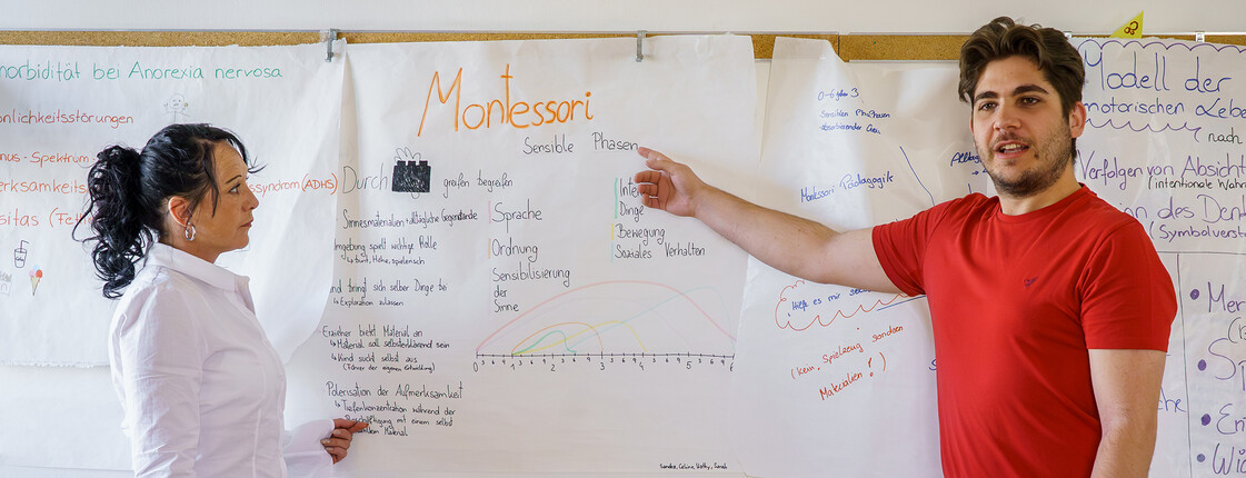 Eine Schülerin und ein Schüler präsentieren ein Plakat mit dem Titel "Montessori" vor einer Klasse.